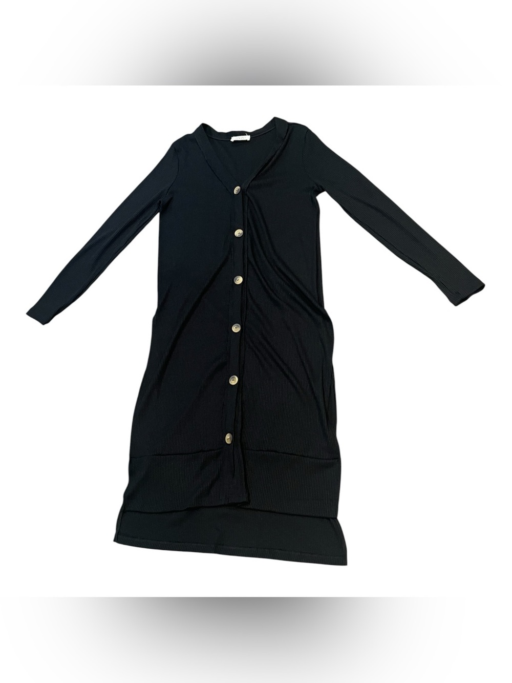 Zenana Outfitters Black Long-Sleeve Button-Front Ribbed Cardigan Duster Hi-Low